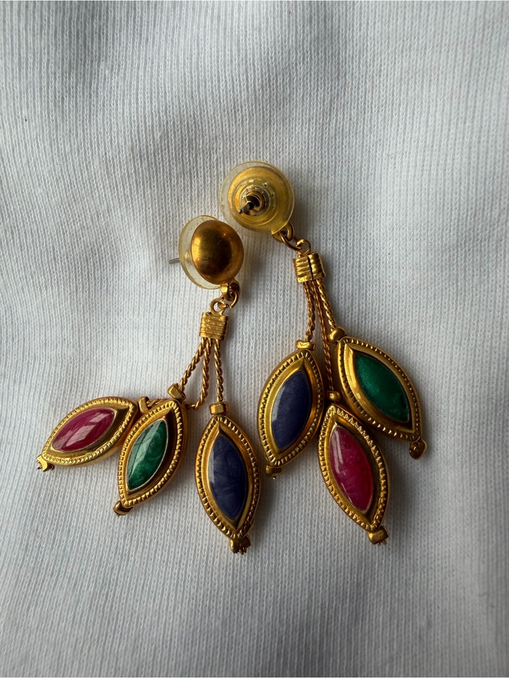Vintage Gold Tone Marquise Panel Dangle Drop Post Earrings Blue Green Pink